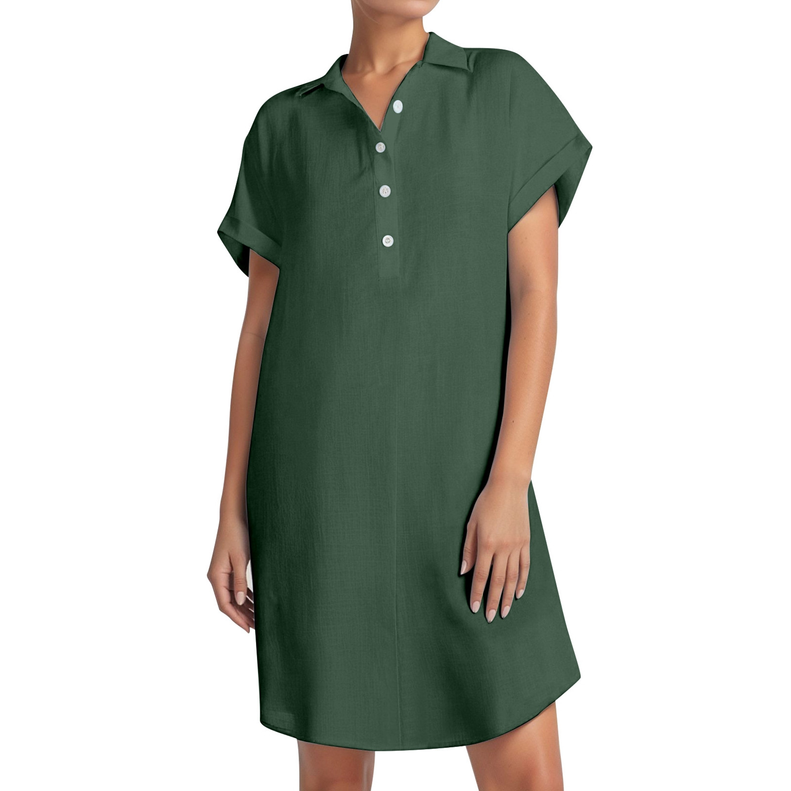 Vestido camisero de manga corta con botones para mujer: túnica informal de color liso, tejido suave y transpirable, versátil para tres estaciones.
